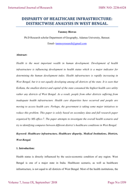 Disparity of Healthcare Infrastructure: Districtwise Analysis in West Bengal