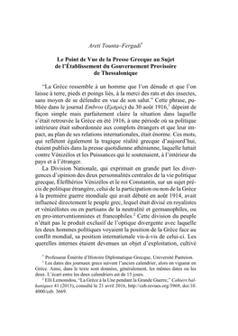 Areti Tounta–Fergadi* Le Point De Vue De La Presse Grecque Au Sujet