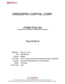 Greenpro Capital Corp. Form Pos Am