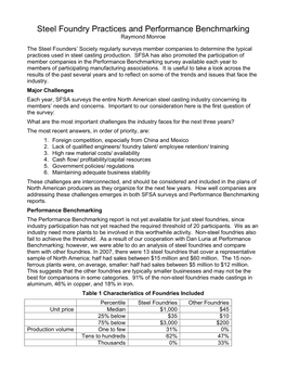 Steel Foundry Practices and Performance Benchmarking Raymond Monroe