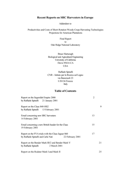 Recent Reports on SRC Harvesters in Europe Table of Contents