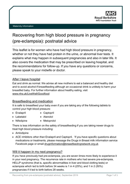 Recovering from High Blood Pressure in Pregnancy (Pre-Eclampsia): Postnatal Advice