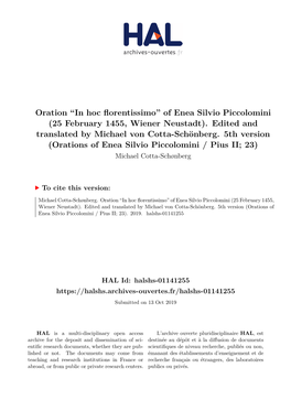 Oration ``In Hoc Florentissimo'' of Enea Silvio Piccolomini (25 February