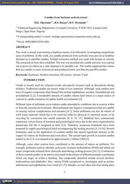 Candles from Soybean Seed Oil Extract M.E. Ojewumi 1*, R.S. Bassey1, D.T. Oyekunle 1 *1,Chemical Engineering Department, Covenan