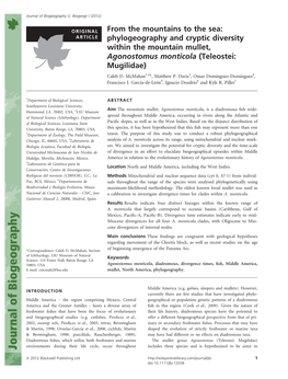 Phylogeography and Cryptic Diversity Within the Mountain Mullet, Agonostomus Monticola (Teleostei: Mugilidae) Caleb D