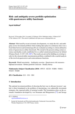 Risk- and Ambiguity-Averse Portfolio Optimization with Quasiconcave Utility Functionals