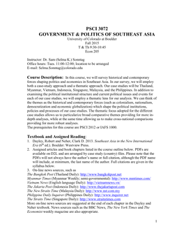 Psci 3072 Government & Politics of Southeast Asia