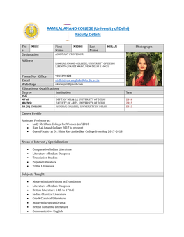 AM LAL ANAND COLLEGE (University of Delhi) Faculty Details