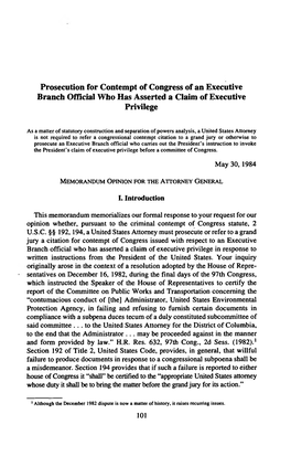 Prosecution for Contempt of Congress of an Executive Branch Official Who Has Asserted a Claim of Executive Privilege