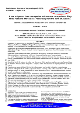 Australasian Journal of Herpetology 23 a New Subgenus, Three New Species and One New Subspecies of Ring- Tailed Possums (Marsupi