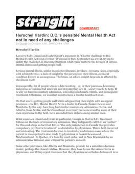 Herschel Hardin: B.C.'S Sensible Mental Health Act Not in Need of Any Challenges by Guest on October 13Th, 2016 at 4:41 PM