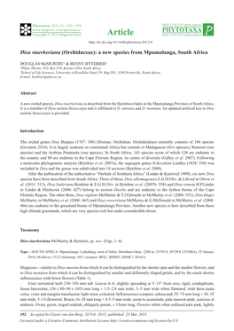 Disa Staerkeriana (Orchidaceae): a New Species from Mpumalanga, South Africa