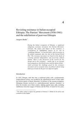 Revisiting Resistance in Italian-Occupied Ethiopia: the Patriots’ Movement (1936-1941) and the Redefinition of Post-War Ethiopia