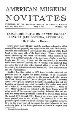 Ameriican Museum Novitates Published by the American Museum of Natural History City of New York May 6, 1953 Number 1625