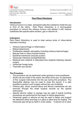 Pars Plana Vitrectomy Introduction Vitreous Humour Is a Clear