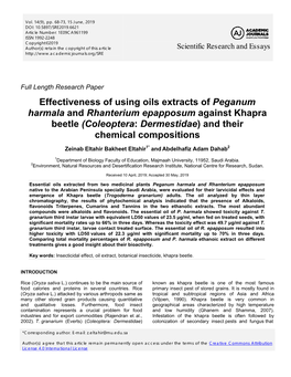 Effectiveness of Using Oils Extracts of Peganum Harmala and Rhanterium Epapposum Against Khapra Beetle (Coleoptera: Dermestidae) and Their Chemical Compositions