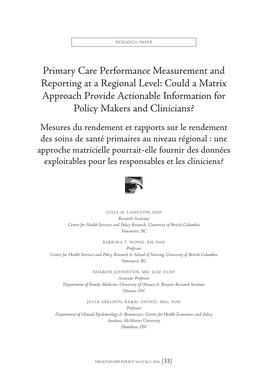 Primary Care Performance Measurement