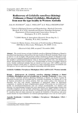 Rediscovery of Gelidiella Ramellosa (Kiitzing) Feldmann Et Hamel (Gelidiales, Rhodophyta) from Near the Type Locality in Western Australia