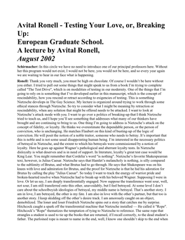 Avital Ronell - Testing Your Love, Or, Breaking Up: European Graduate School