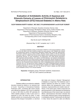 Evaluation of Antidiabetic Activity of Aqueous and Ethanolic Extracts of Leaves of Chloroxylon Swietenia in Streptozotocin (STZ) Induced Diabetes in Albino Rats