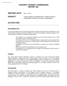 Yonge Subway Extension Post Transit Project Assessment Process Technical Amendment