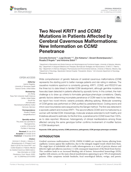 Two Novel KRIT1 and CCM2 Mutations in Patients Affected by Cerebral Cavernous Malformations: New Information on CCM2 Penetrance