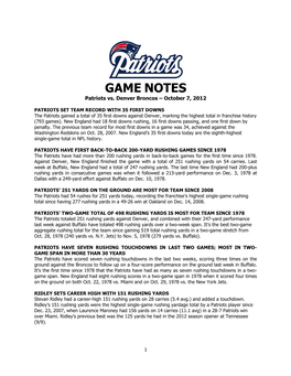 GAME NOTES Patriots Vs