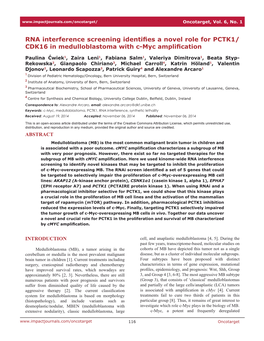 RNA Interference Screening Identifies a Novel Role for PCTK1/ CDK16 in Medulloblastoma with C-Myc Amplification