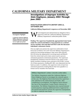 California Military Department Investigations of Improper Activities by State Employees, January 2005 Through June 2005