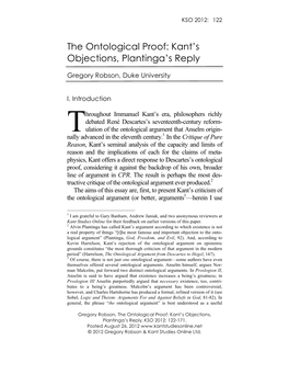 The Ontological Proof: Kant’S Objections, Plantinga’S Reply