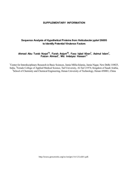 SUPPLEMENTARY INFORMATION Sequence Analysis of Hypothetical Proteins from Helicobacter Pylori 26695 to Identify Potential Virule