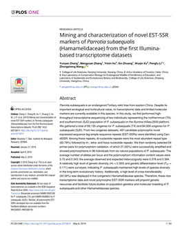 Mining and Characterization of Novel EST-SSR Markers of Parrotia Subaequalis (Hamamelidaceae) from the First Illumina- Based Transcriptome Datasets