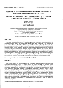 Additional Gastropod Records from the Continental Shelf Off Jalisco and Colima, Mexico