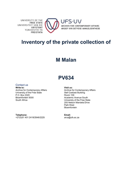 Inventory of the Private Collection of M Malan PV634