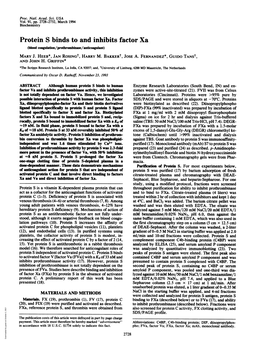 Protein S Binds to and Inhibits Factor Xa (Blood Cagulation/Prothrombinase/Anticoagulant) MARY J