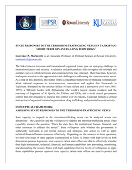 State Responses to the Terrorism-Trafficking Nexus in Tajikistan: Short Term Advances, Long Term Risks1