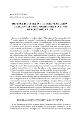 Defence Industry in the European Union – Challenges and Opportunities in Times of Economic Crisis