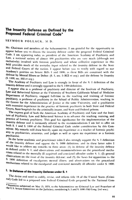 The Insanity Defense As Defined by the Proposed Federal Criminal Code*