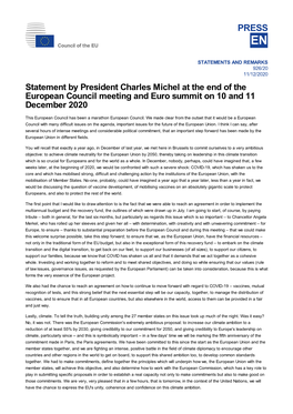 Statement by President Charles Michel at the End of the European Council Meeting and Euro Summit on 10 and 11 December 2020