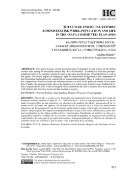 Total War and Social Reform: Administrating Work, Population and Life in the «Rava Committee» Plan (1918)