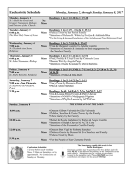 Eucharistic Schedule Monday, January 2, Through Sunday January 8, 2017