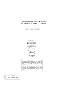 Industry Consultation on Grid Connection of Small Pv Systems