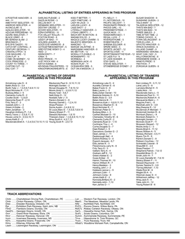 Alphabetical Listing of Entries Appearing in This Program Alphabetical Listing of Drivers Alphabetical Listing of Trainers Appea