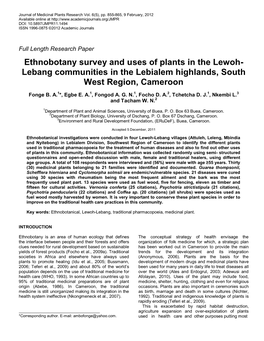 Ethnobotany Survey and Uses of Plants in the Lewoh- Lebang Communities in the Lebialem Highlands, South West Region, Cameroon