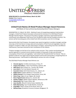 United Fresh Names 25 Retail Produce Manager Award Honorees 2019 Marks 15 Years of Honoring Outstanding Retail Produce Managers