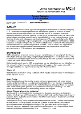 Product Evaluation a Quick Overview Sodium Methohexital SUMMARY