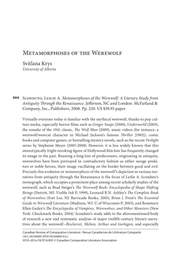 Metamorphoses of the Werewolf Svitlana Krys University of Alberta