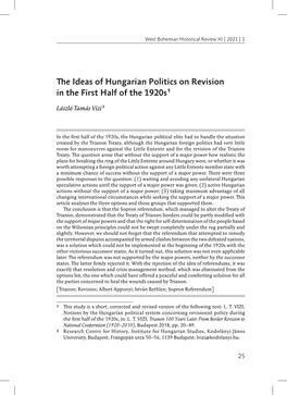 The Ideas of Hungarian Politics on Revision in the First Half of the 1920S1