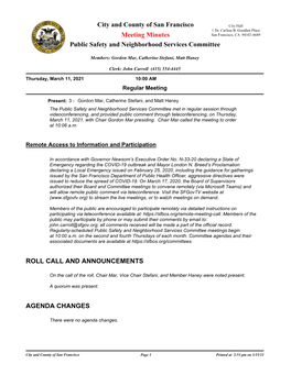 Meeting Minutes San Francisco, CA 94102-4689 Public Safety and Neighborhood Services Committee