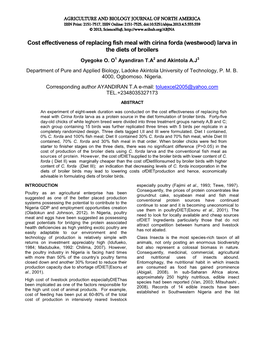 Cost Effectiveness of Replacing Fish Meal with Cirina Forda (Westwood) Larva in the Diets of Broilers Oyegoke O